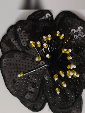 3D Hibiscus Beaded Tropical Applique Sew On Patch Flower Sequins Glass Beads Blk
